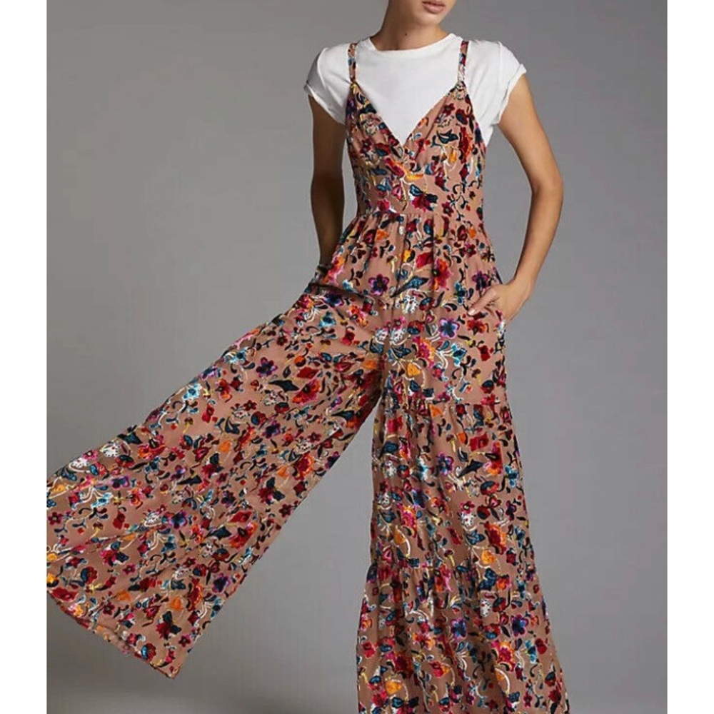 Anthropologie Hutch Flounced Floral Burnout Velvet Wide Leg Jumpsuit NWOT Sz 10